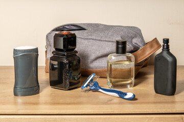 Mens cosmetics on a deo stick, parfum, razor, after shave, lotion