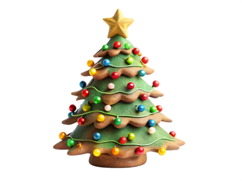 Festive clay christmas tree adorned with colorful lights and star isolated on a transparent background