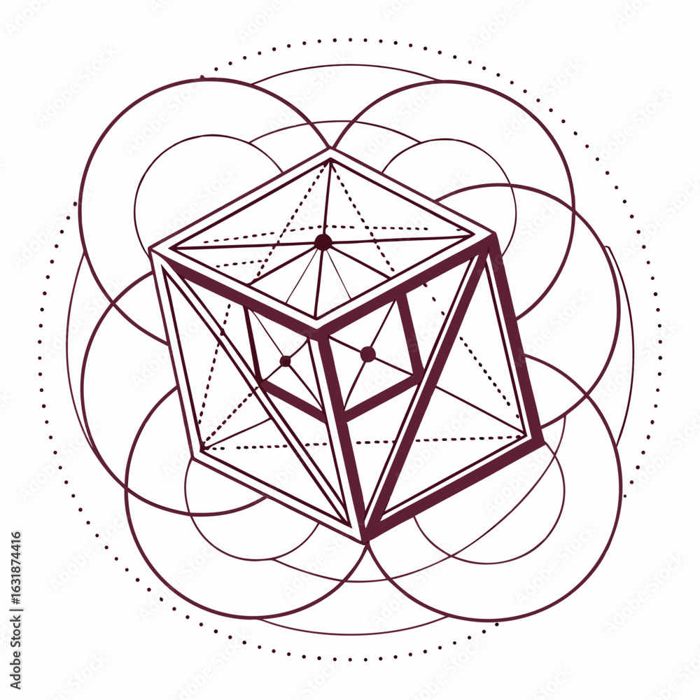Poster vector sacred geometric cube design with intricate patterns and circles, symbolizing unity and balan