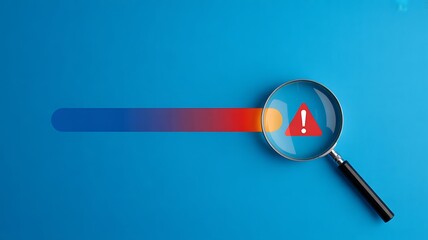 Magnifying glass over progress bar with warning symbol on blue background lens