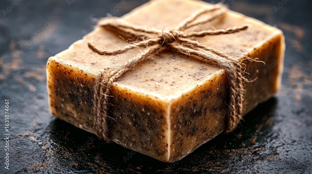 Poster artisan soap bar in dark brown color, elegant rectangular shape tied with twine on dark backdrop
