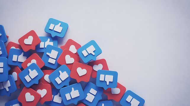 Scattered red heart and blue thumbs up down social media icons like dislike