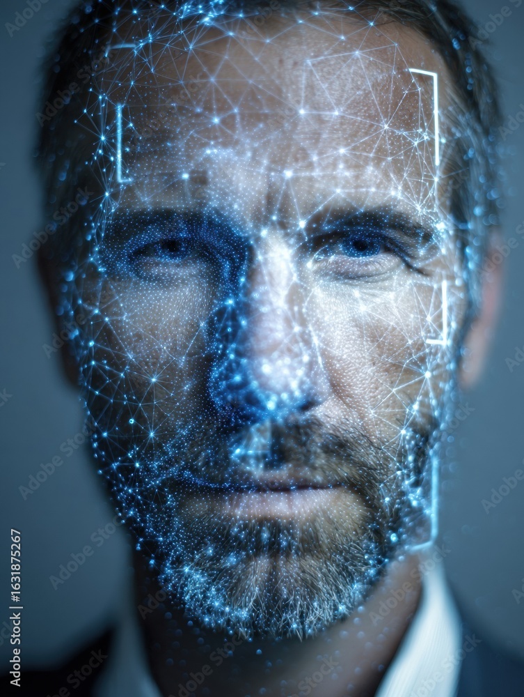 Poster close-up of a man with a digital face map representing facial recognition technology in a modern set