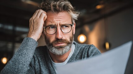 Stressed man reviews urgent debt notice in a dimly lit setting