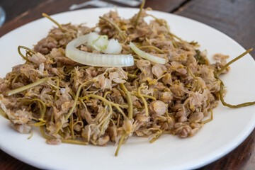 Dish of jonjoli, or bladdernut sprouts, a spring delicacy. Pickled and seasoned, often served with onion. A key part of Georgian culinary heritage.