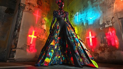 Fashion model in vibrant, patterned gown, illuminated with neon crosses and colorful projections within a decayed interior