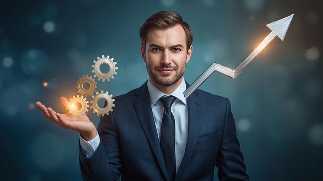 conveying a sense of innovation and success, with the gears and arrows positioned in a diagonal line, rising from the person's left hand to their right hand, emphasizing the upward momentum