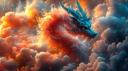 Majestic dragon, ethereal, floats amidst swirling clouds bathed in golden and azure light, fierce gaze