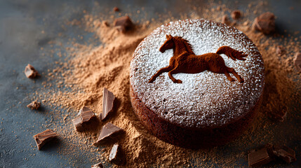 Chocolate cake with horse silhouette design, dusted with cocoa powder and surrounded by chocolate pieces, showcasing a creative dessert presentation. Selective focus