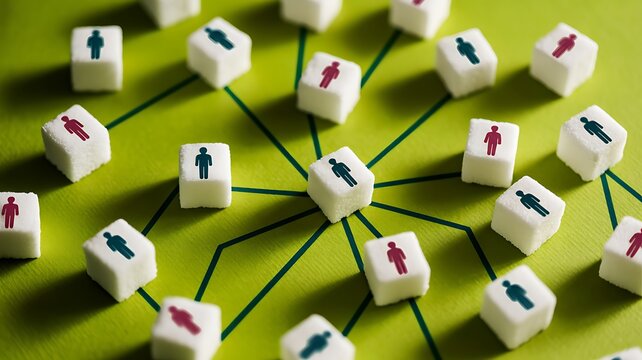 White sugar cubes with red and blue person icons connected by lines image
