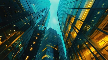 Fototapeta premium Modern cityscape view, gleaming glass structures reaching towards turquoise sky