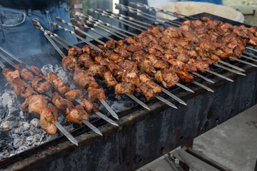 A tantalizing array of shashlik, traditional skewered meat, cooks on a charcoal grill. A culinary heritage in Caucasus, known for its flavorful marinades and smoky taste.