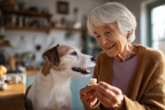senior woman giving medicine to her dog in a cozy kitchen, warm afternoon light, real moment of care and connection