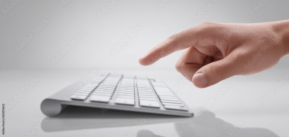 Poster the hand reaching out to interact with a modern keyboard in a minimalist setting.