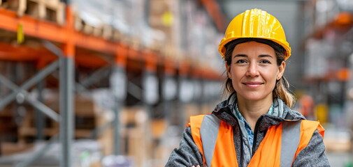 A Caucasian woman posing in a warehouse with orange uniform and hard hat. Logistics and distribution business concept for storage industry.