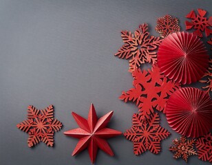 Wooden red snowflake decorations on gray background with copy space. Generated image