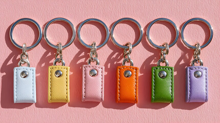 Colorful leather keychains arranged in a row on a pink background, showcasing vibrant hues and stylish design for accessory enthusiasts. Selective focus