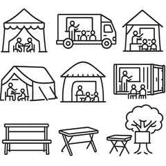 Temporary School Icons. Outline style icons of Temporary School Structures: pop-up classroom tent, mobile classroom truck,