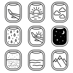 Fototapeta premium Airplane Window Icons. Outline style icons of Airplane Windows and Views: window with wing view, airplane sunset view, clouds