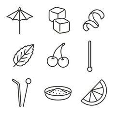 Cocktail Icon Elements. Outline style icons of Mini Cocktail Elements: tiny umbrella, ice cube pair, lemon twist, mint leaf,