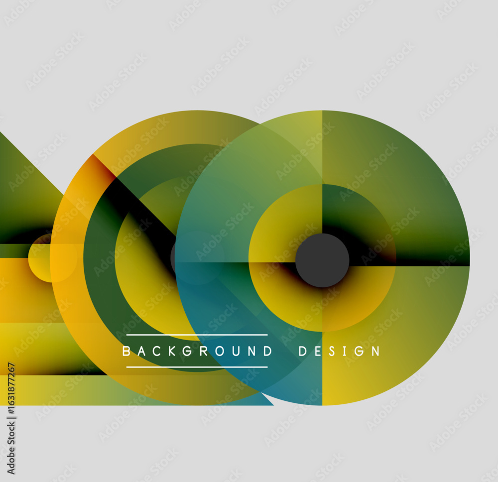 Poster abstract geometric composition. overlapping circles create dynamic visual effect. yellow, green, blu