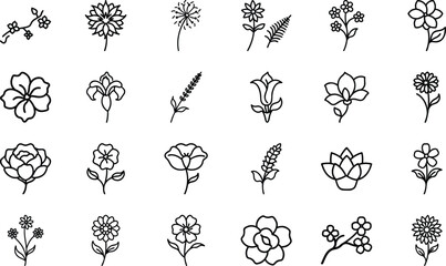 Hand-drawn flower icon bundle set with 24 unique floral illustrations in black line art style for design and decoration