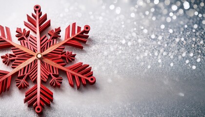 Wooden red snowflake decorations on white glitter background with copy space. Generated image