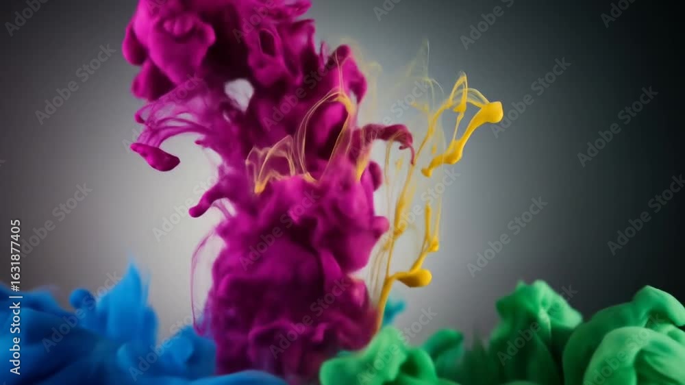 Poster vibrant abstract ink cloud bursting with colors in a dynamic fluid motion on dark gray background