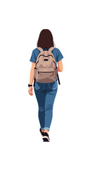 Naklejka premium Back view of a young woman with a backpack walking away. Female student in casual clothes like jeans and a t-shirt. Vector illustration isolated on a transparent background.