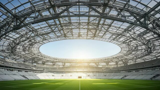 Spectacular stadium architecture and design with bright sunlight from the opening roof