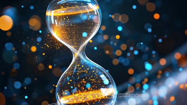 Artistic representation of hourglass with glowing sand, surrounded by vibrant bokeh lights in blue and orange, symbolizing beauty of time and moments.