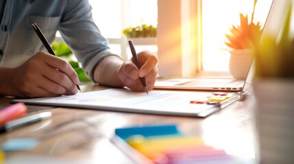 photograph of A freelance designer working remotely, finalizing a website template and digital marketing strategy in a bright, modern workspace wide angle lens