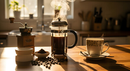 fresh coffee brewing morning kitchen sunlight