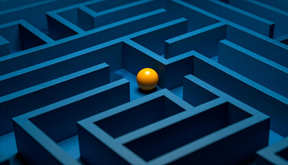 Yellow Ball in the Center of a Complex Blue Maze Representing Problem Solving and Strategic Navigation