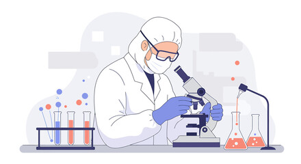 Scientist in a protective suit works in a laboratory, analyzing samples with a microscope. Modern vector illustration of scientific research and medical development.