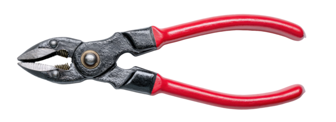 Pair of red-handled, dark-gray metal snips
