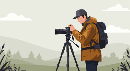 Vector illustration of a man with a camera and tripod capturing the beauty of a mountain landscape.