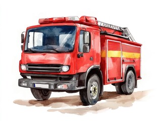 Vibrant red watercolor depicting a fire truck equipped with emergency lights siren and ladders ready to rush to the scene of an accident or fire to provide swift and effective assistance