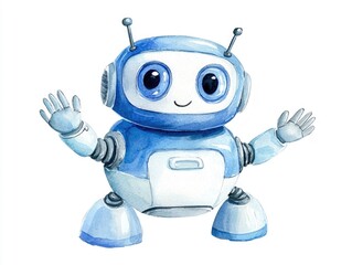 Friendly and Cute Watercolor of a Smiling Robot Character Waving Hello on an Isolated White Background  This Digital Cartoon Robot Portrays a Cheerful Playful