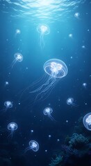 Glowing jellyfish swimming in deep blue water.
