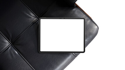 iPad on the armchair with a transparent screen for web design and App UI presentation.
