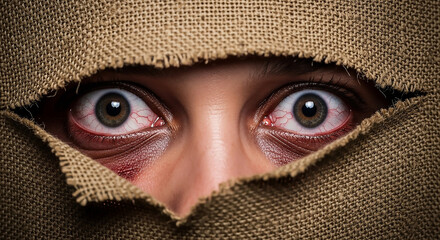 Close up of a womans eyes peering through a torn burlap sack expressing fear and desperation