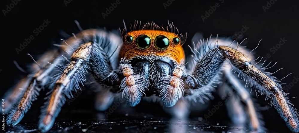 Poster close-up of a colorful jumping spider with detailed leg segments and sharp focus in dark background