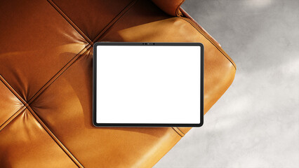 Blank tablet screen resting on a leather chair with soft shadows for web design and UX/UI presentation.
