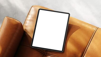 Transparent iPad screen on the chair for web design, UX/UI, and presentation. Sunlight with...
