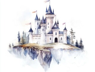 This enchanting watercolor painting depicts a majestic  fairytale like castle perched atop a misty mountain landscape  with its ornate towers and waving flags creating a sense of wonder and mystique