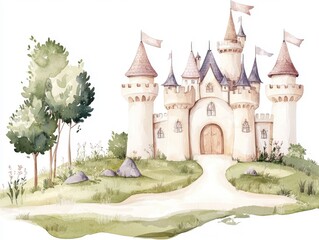 Whimsical Watercolor Castle with Waving Flags in Enchanting Landscape   A magical and fantastical depicting a medieval style castle surrounded by a lush verdant environment with trees a grassy path
