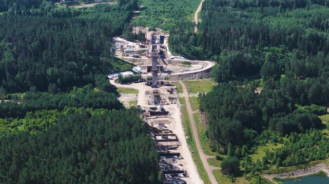 Rail Baltic railway construction project bridge site over Neris river, aerial view