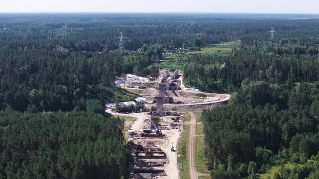 Construction site of Rail Baltica bridge in Lithuania, aerial view