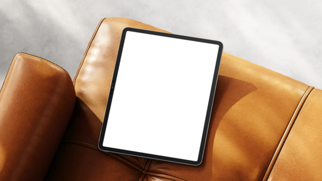 Transparent iPad screen on the chair for web design, UX/UI, and presentation. Sunlight with shadows.
